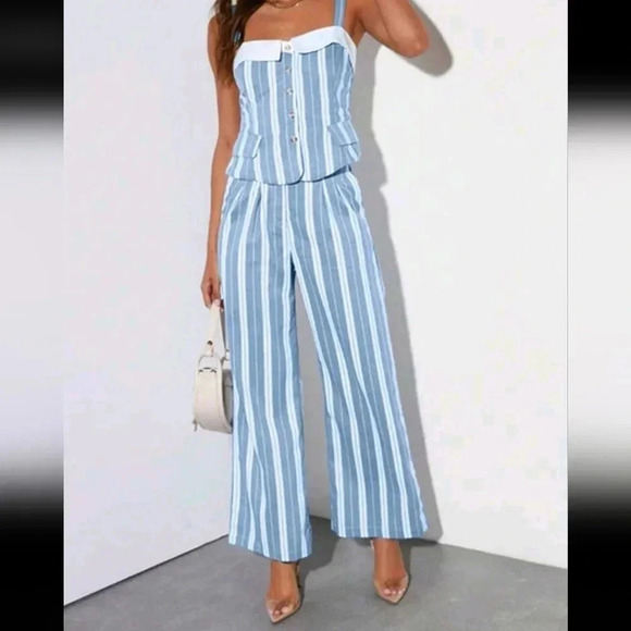 Women's Striped & Printed Simple Daily Camisole Top And Pant Set - Picture 4 of 5